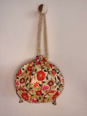 Embroidered Gold Floral Potli Bag with Pearl Strap